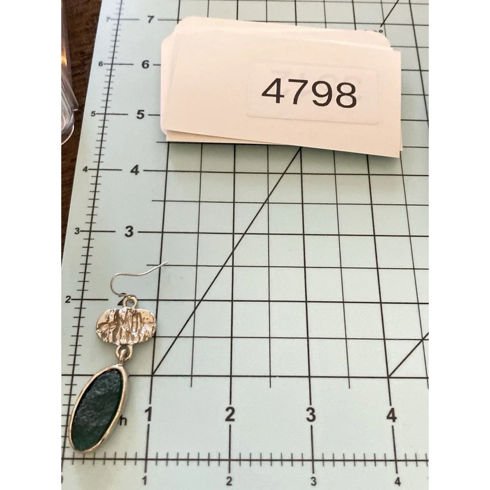 Naturalist Dangle Earrings In‎ Silver Tone & Dark Green Brutalist Modernist